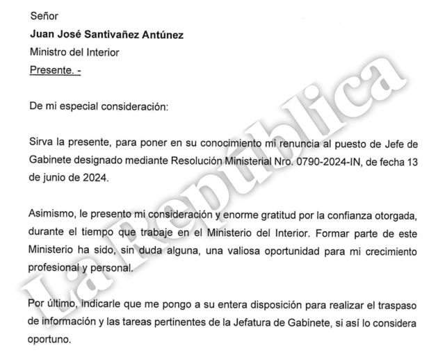  Renuncia de Walter Enrique Zegarra Figueroa al Ministerio del Interior.| Foto: La República. 