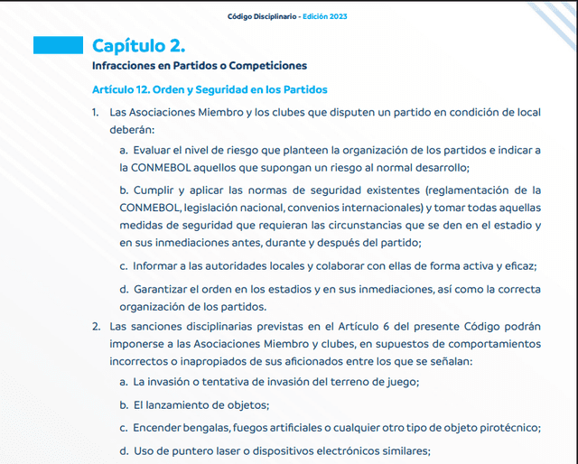 Artículo 12 del Código Disciplinario de la Conmebol. Foto: Conmebol Artículo 12 del Código Disciplinario de la Conmebol. Foto: Conmebol
