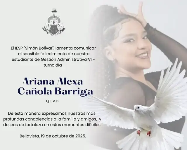 Publicación del Instituto Simón Bolívar tras la muerte de su estudiante Ariana Cañola. Foto: Facebook.
