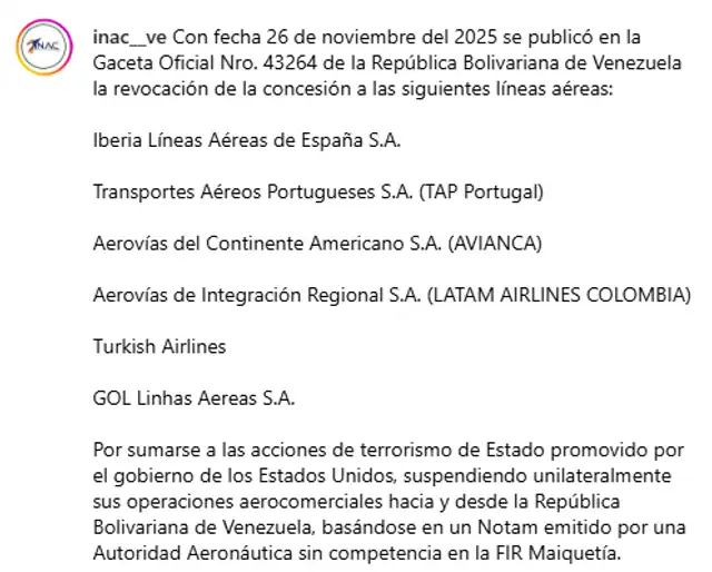 INAC anunció el miércoles que se suspendieron las operaciones de 6 aerolíneas.