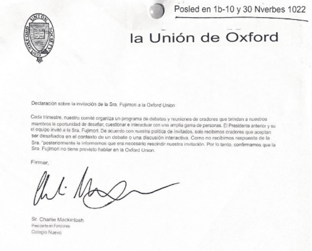 Respuesta de Oxford sobre la invitación a Keiko Fujimori. Foto: La República