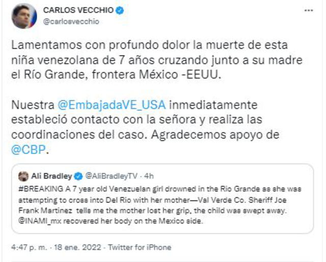 Tuit de Carlos Vecchio sobre la muerte de una niña de nacionalidad venezolana al intentar cruzar el Río Bravo. Foto: captura Twitter