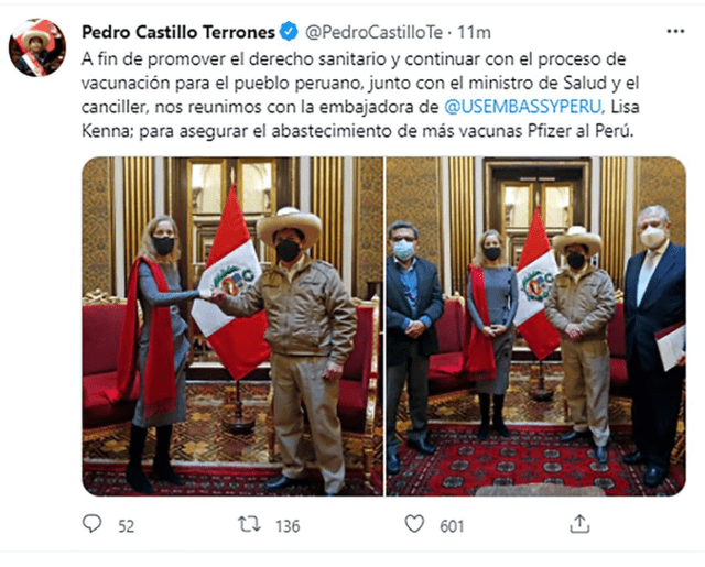 Publicación del presidente de Perú, Pedro Castillo tras su reunión con la embajadora de EE.UU. Foto: captura twitter.