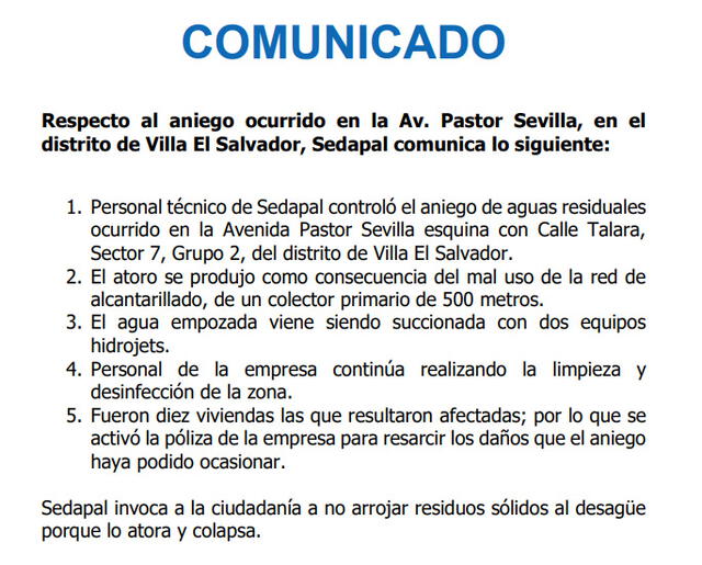 Comunicado de Sedapal