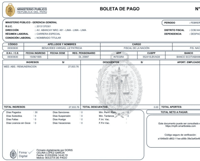  Boleta de pago de Patricia Benavides del <strong>mes de febrero 2024</strong>. Foto: El Foco    