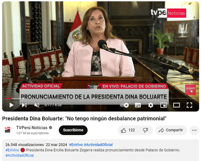  La rueda de prensa de Dina Boluarte se realizó el 22 de marzo de 2024. Foto: captura en YouTube / TV Perú.&nbsp;<br><br>    