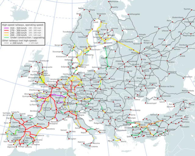 Red de trenes en Europa. Las líneas de colores pertenecen a las rutas ferroviarias de alta velocidad. Foto: Mapas Milhaud / Wikimedia Commons   