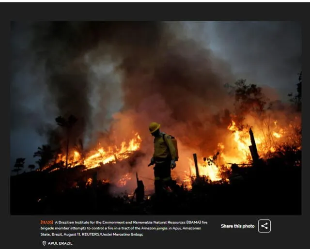  Foto 1 corresponde al incendio en la Amazonía de Brasil en 2020. Foto: captura en web / Reuters.    