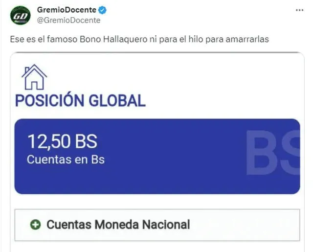 En 2022, el Gremio Docente indicó la supuesta llegada del Bono Hallaquero con un monto de 12,50 bolívares. Foto: Gremio Docente/X