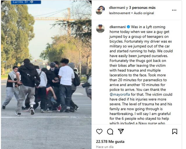  Dimitri Kermani, uno de los testigos del suceso, otorgó mayor contexto del ataque en sus redes sociales. Foto: Instagram. 