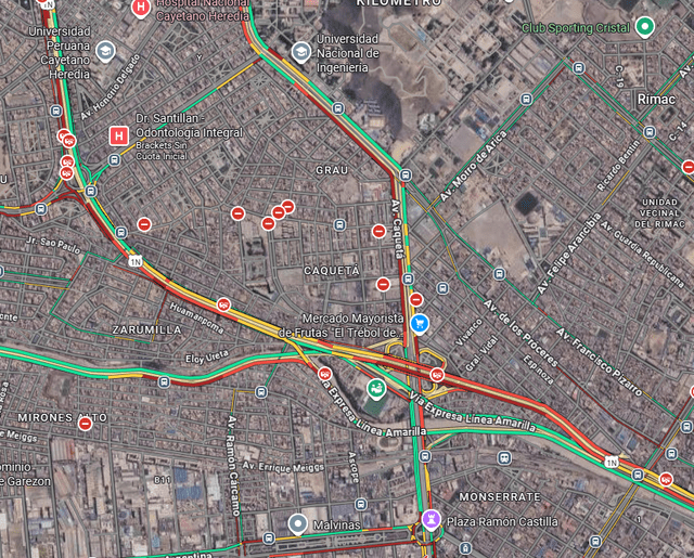 Zona en color rojo debido al tráfico generado en la Vía Evitamiento. Foto: Google Maps   
