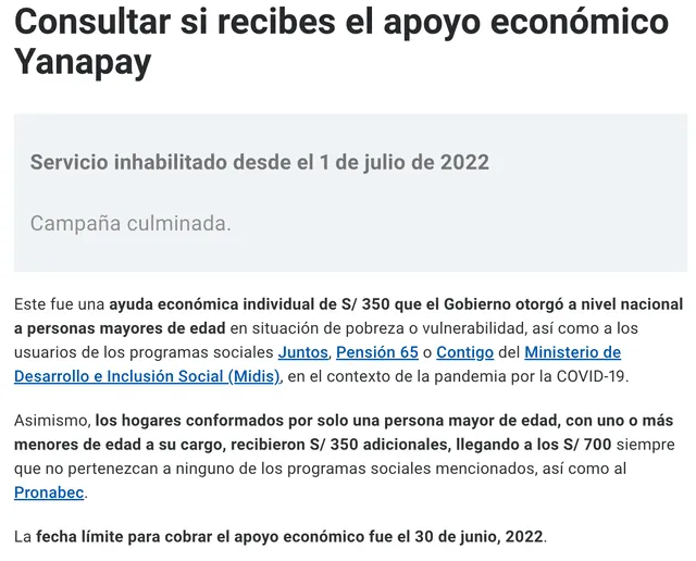 Página Bono Yanapay consultada el 3 de diciembre de 2022. Foto: captura LR/Gobierno del Perú.