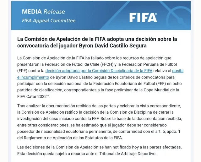 Byron Castillo resolución FIFA