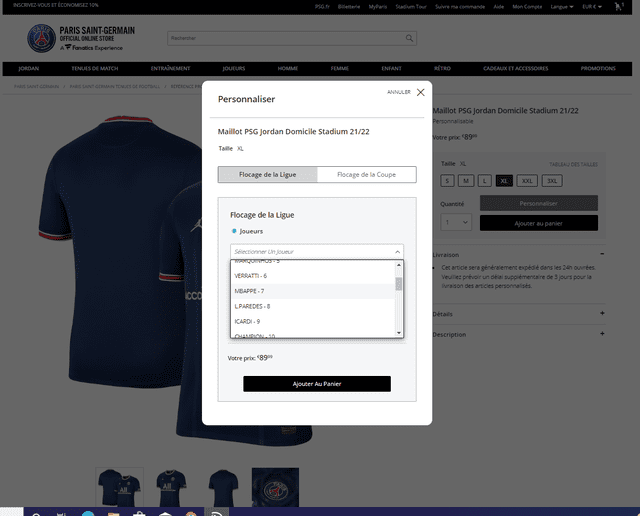 Opción de personalizar las camisetas del PSG. Foto: captura