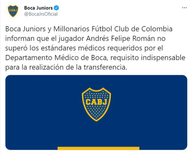 Comunicado de Boca Juniors sobre Andrés Felipe Román. Foto: Twitter