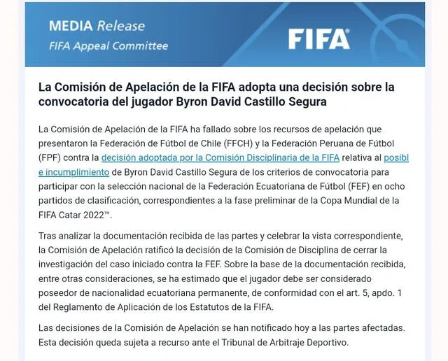 Resolución de la FIFA.