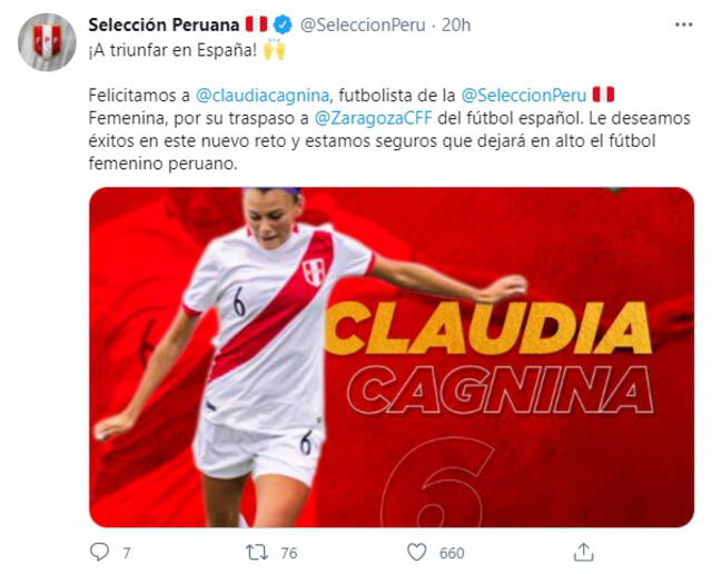 Mensaje de la selección peruana para Claudia Cagnina. Foto: captura de pantalla/Twitter