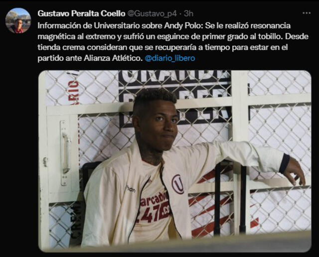 Publicación de Gustavo Peralta sobre la lesión de Andy Polo. Foto: captura de Twitter