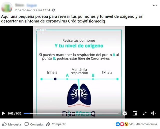 Viral dice que el test mide el nivel del oxígeno y diagnostica “si estás libre” de la COVID-19. Foto: captura en Facebook.