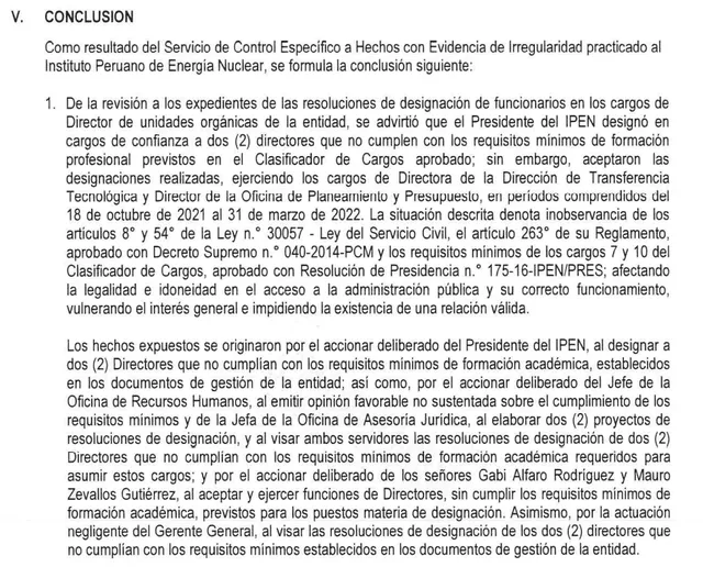 Conclusión del informe de control sobre designaciones dispuestas por Modesto Montoya en el IPEN. Foto: documento