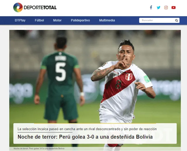 Portada del diario Deporte Total de Bolivia tras derrota ante Perú. Foto: Captura Deporte Total