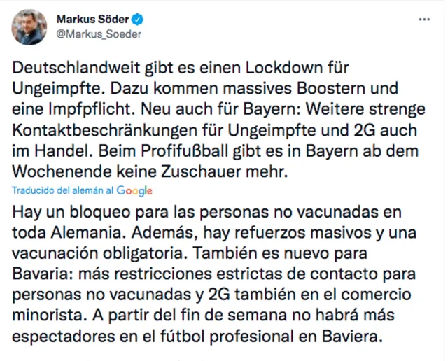 Mensaje del primer ministro de Baviera en redes sociales. Foto: captura Twitter Markus Söder