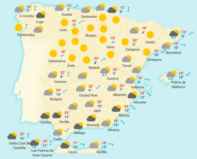Mapa tiempo España hoy sábado 14 de marzo de 2020.