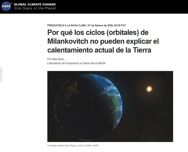  Artículo titulado “Por qué los ciclos (orbitales) de Milankovitch no pueden explicar el calentamiento actual de la Tierra”. Foto: captura en web/NASA 