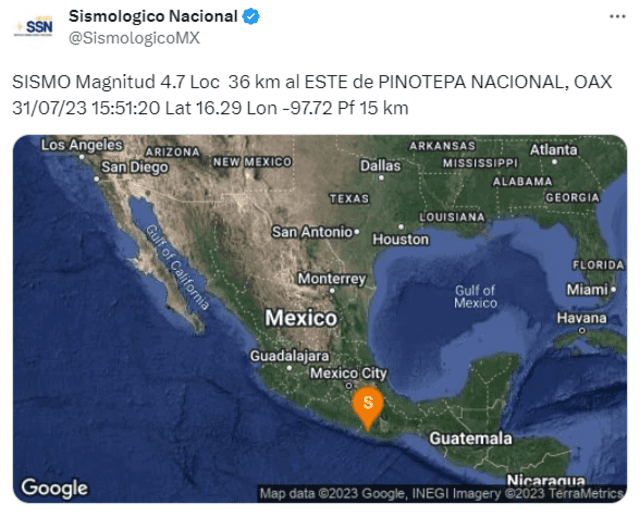 Último temblor en México HOY. Foto: SismologicoMX/Twitter   