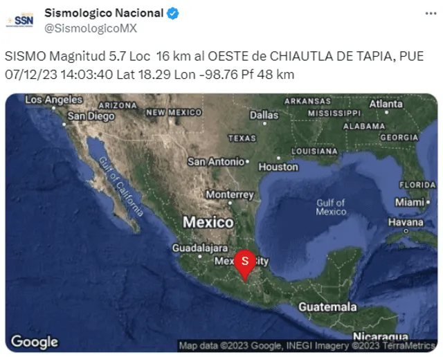 Sismo en México. Foto: SSN   