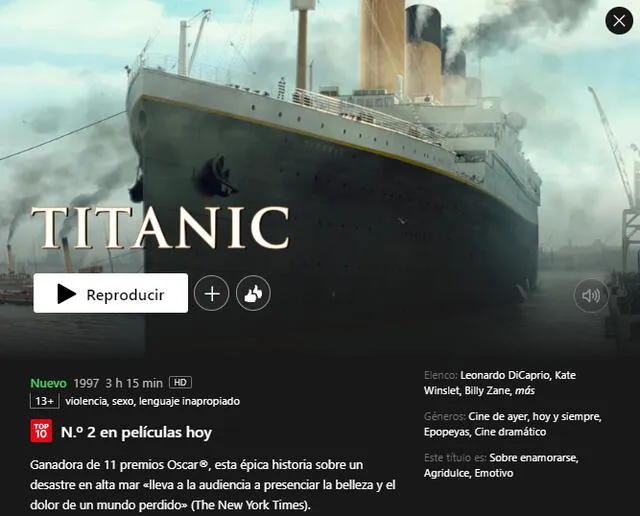  'Titanic' llegó a Netflix el 15 de julio de 2024. Foto: captura Netflix   