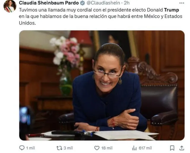 La presidenta mexicana felicitó a Trump y reforzó el compromiso de colaboración entre ambos países. Foto: Claudiashein/X   