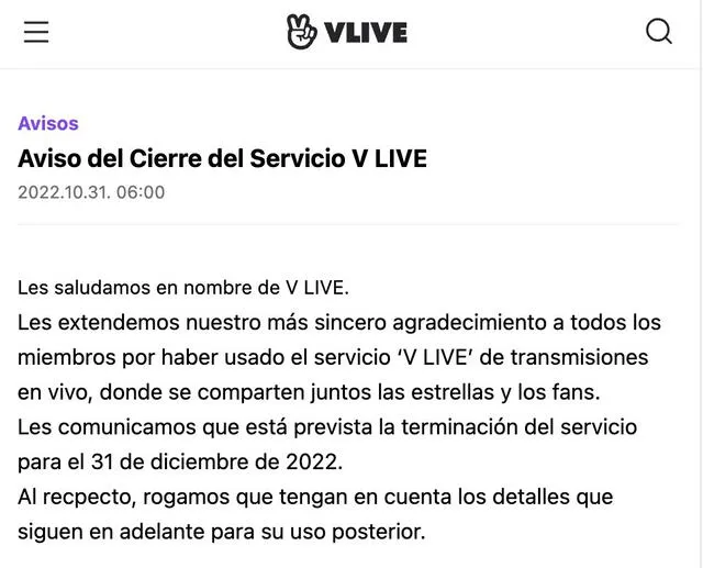 VLive anunció que cierra el 31 de diciembre del 2022. Foto: captura/VLive
