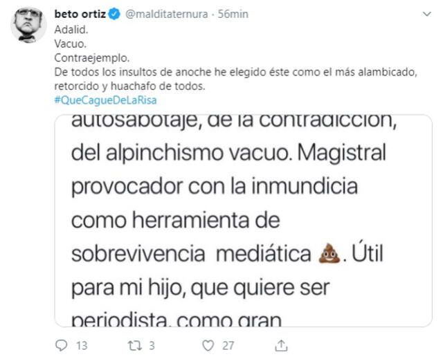 Beto Ortiz responde a críticas en Twitter.