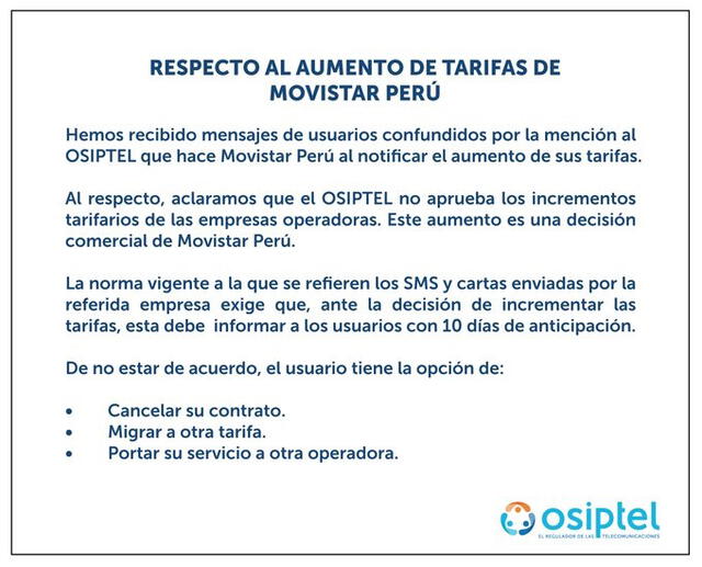 Pronunciamiento de Osiptel respecto al alza de tarifas de Movistar.