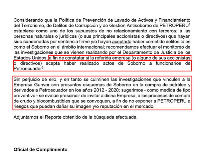 Documento de Petroperú sobre el caso Gunvor. Foto: difusión