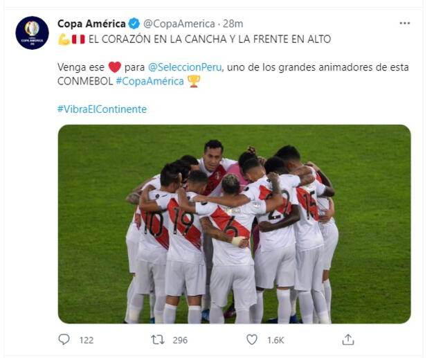 Conmebol aplaude esfuerzo de la selección peruana tras perder ante Brasil. Foto: captura Twitter.
