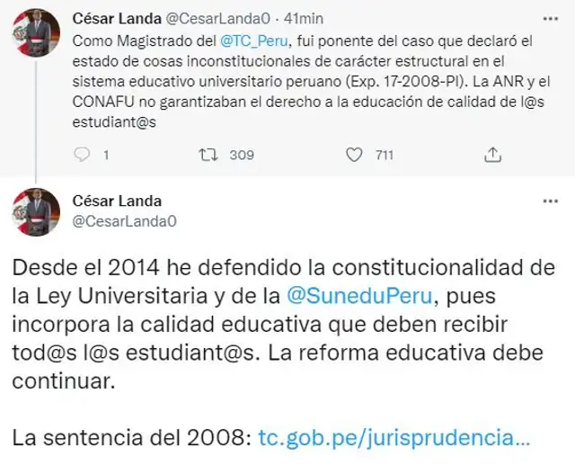 César Landa se pronunció a través de sus redes sociales por ley aprobada por el Congreso. Foto: Captura Twitter César Landa se pronunció a través de sus redes sociales por ley aprobada por el Congreso. Foto: Captura Twitter