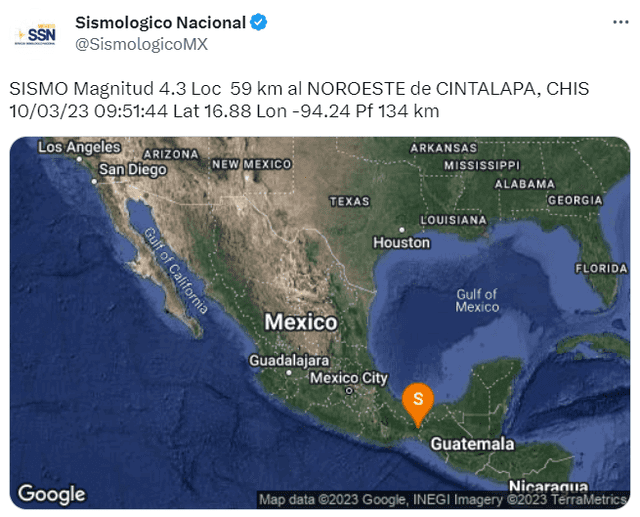 Reporte del sismo en México hoy, 10 de marzo. Foto: SismologicoMX/ Twitter   