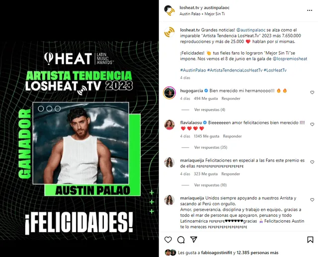Austin Palao ganó reconocimiento en Premios Heat 2023. Foto: captura de Instagram Austin Palao ganó reconocimiento en Premios Heat 2023. Foto: captura de Instagram