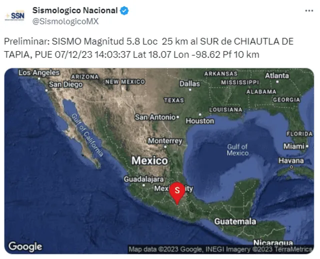 Sismo en México. Foto: SSN   