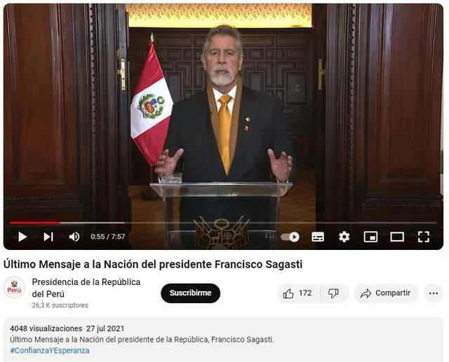  El video original sobre el mensaje de Francisco Sagasti fue publicado el 27 de julio de 2021. Foto: capturas en Youtube / Presidencia.&nbsp;   