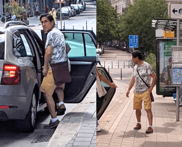  César Hinostroza abordando un vehículo particular por la Avenida de la Porte de Hal, en el municipio de Saint-Gilles. | Fotos: Gabriel Acevedo - La Encerrona/ X.   