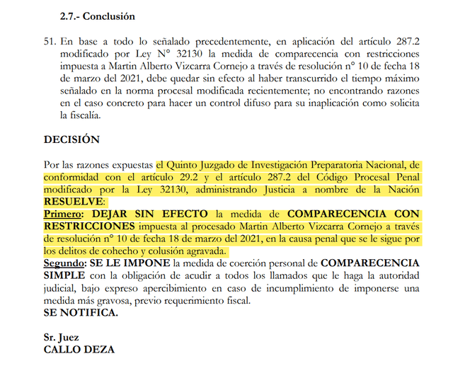  Juez deja sin efecto todas las restricciones impuestas a Martín Vizcarra.   