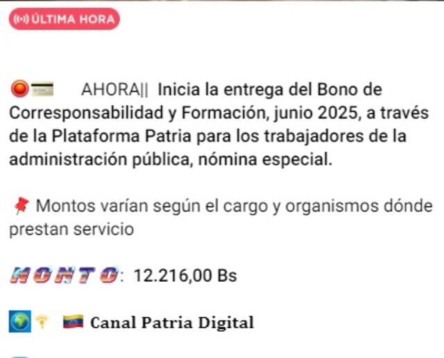 Anuncio del Bono Corresponsabilidad y Formación de junio 2025. Foto: Canal Patria Digital   