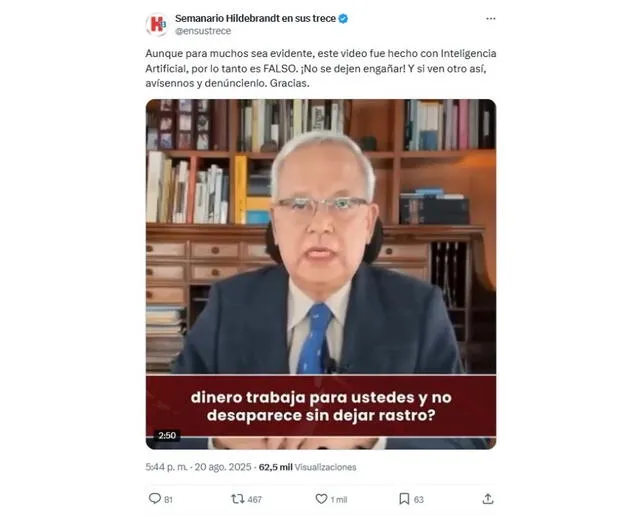 <em>Tuit del medio periodístico encabezado por Hildebrandt sobre el bulo. Foto: captura de X</em>   