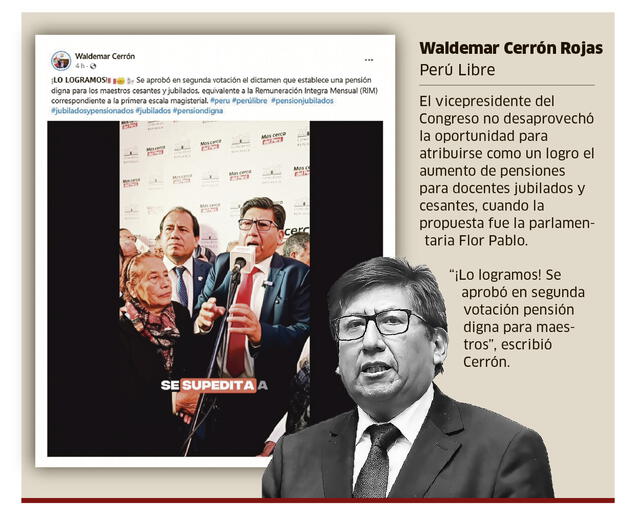 Waldemar Cerrón se adjudica propuesta que promovió otra parlamentaria. 