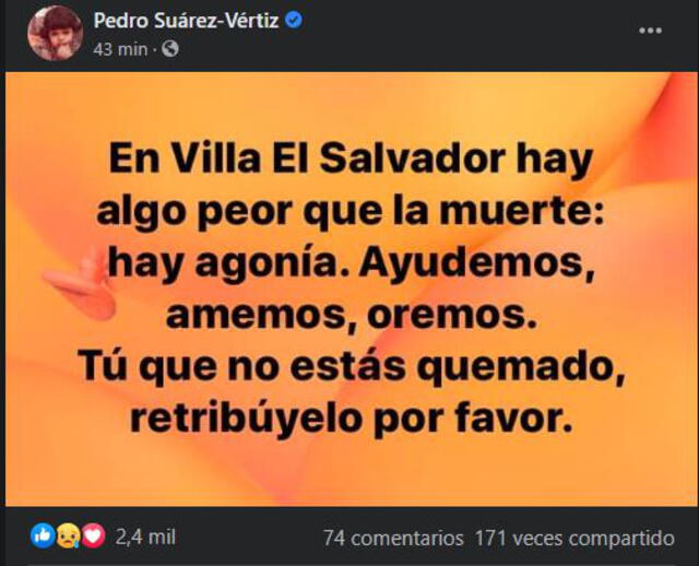 Pedro Suárez Vértiz muestra su respaldo a vecinos de VES tras trágico incendio.