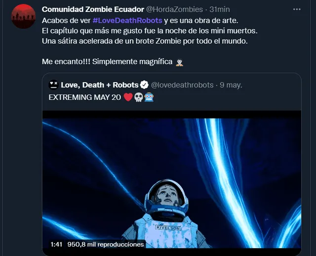 Usuario de Twitter opina sobre "Love, Death & Robots 3". Foto: Twitter