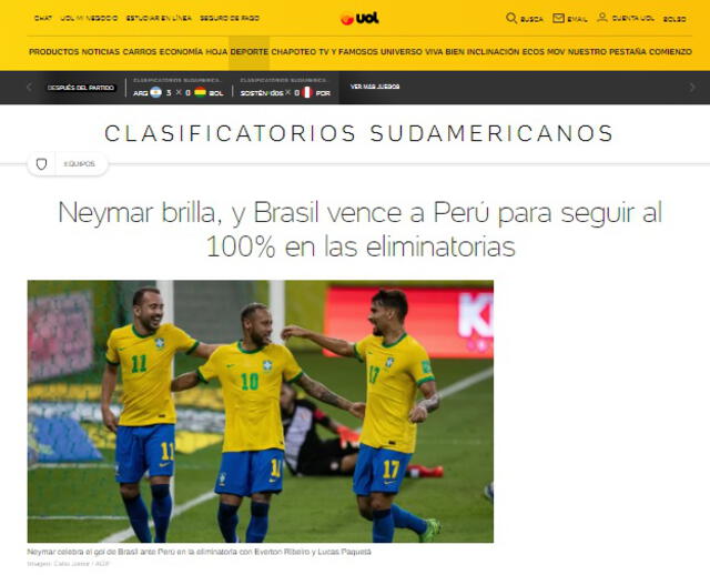 El medio brasileño destacó el gran partido de Neymar ante la bicolor. Foto: UOL